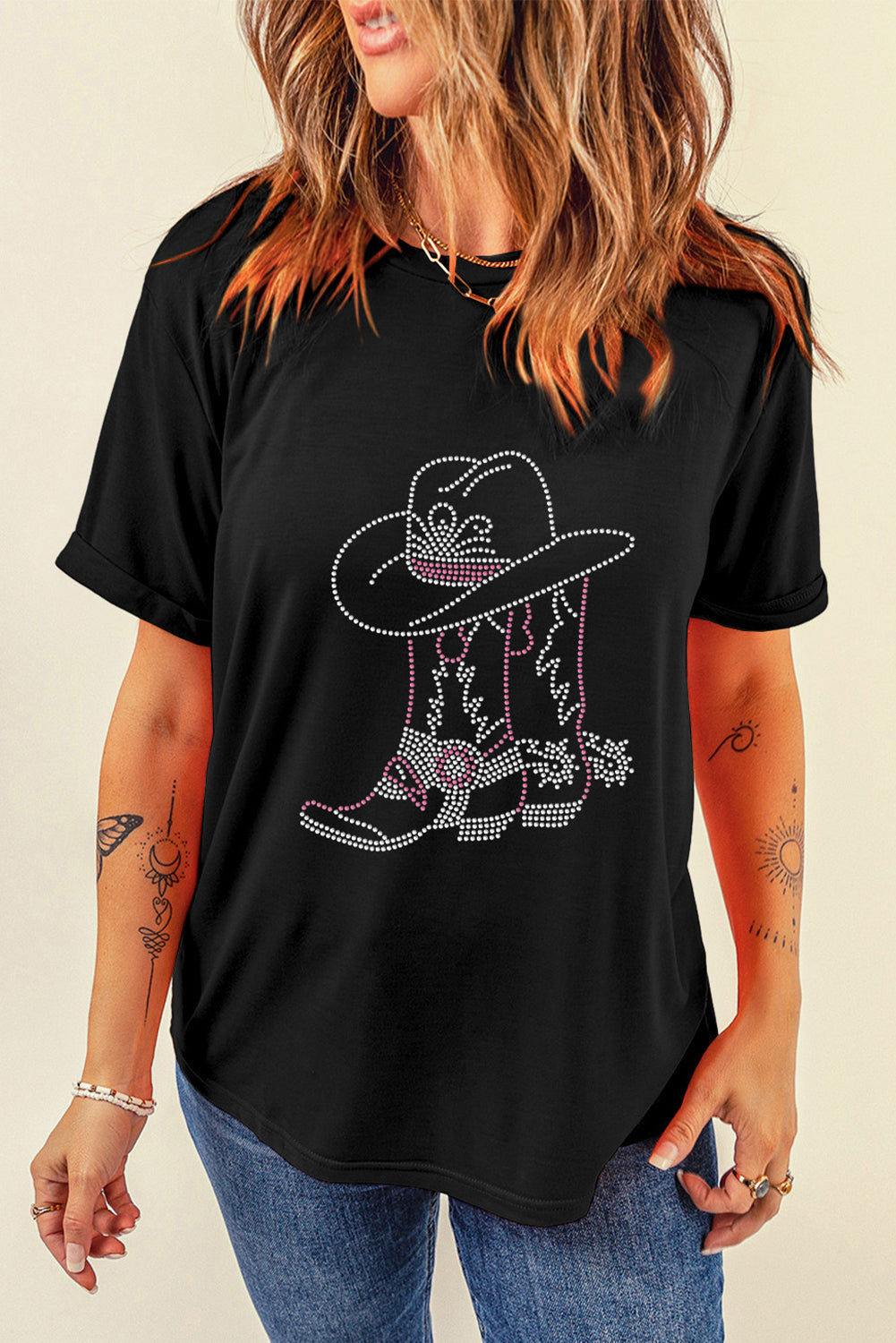 Black Rhinestone Boots Hats Graphic Crew Neck Tee - MAD RUFFI