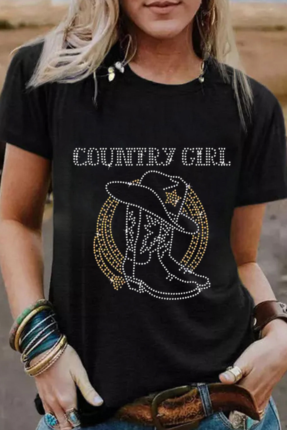 Black Rhinestone COUNTRY GIRL Boots Graphic T Shirt - MAD RUFFI