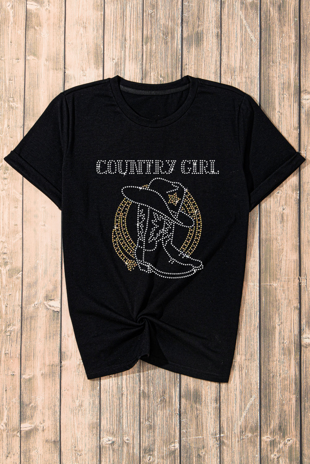 Black Rhinestone COUNTRY GIRL Boots Graphic T Shirt - MAD RUFFI