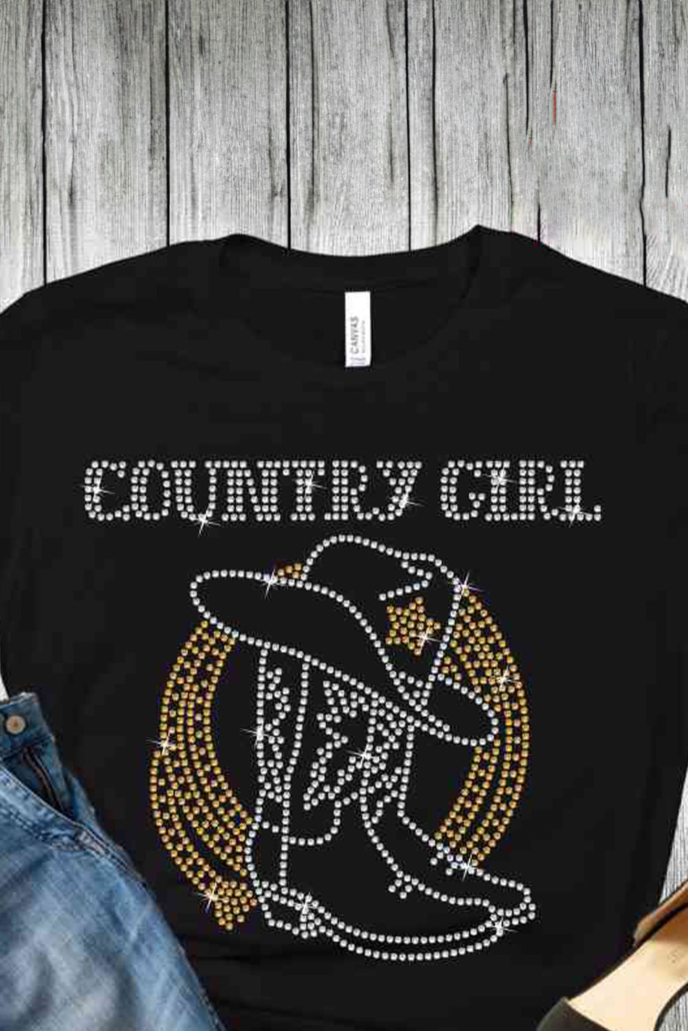 Black Rhinestone COUNTRY GIRL Boots Graphic T Shirt - MAD RUFFI