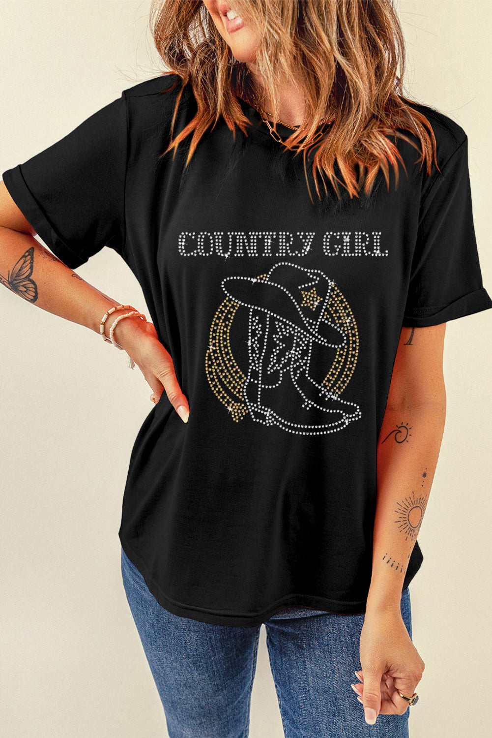 Black Rhinestone COUNTRY GIRL Boots Graphic T Shirt - MAD RUFFI