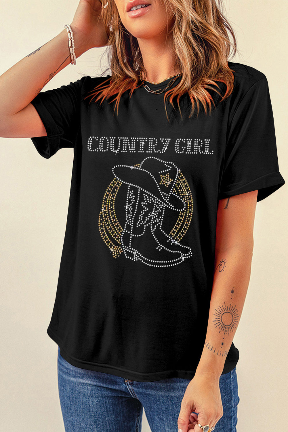 Black Rhinestone COUNTRY GIRL Boots Graphic T Shirt - MAD RUFFI