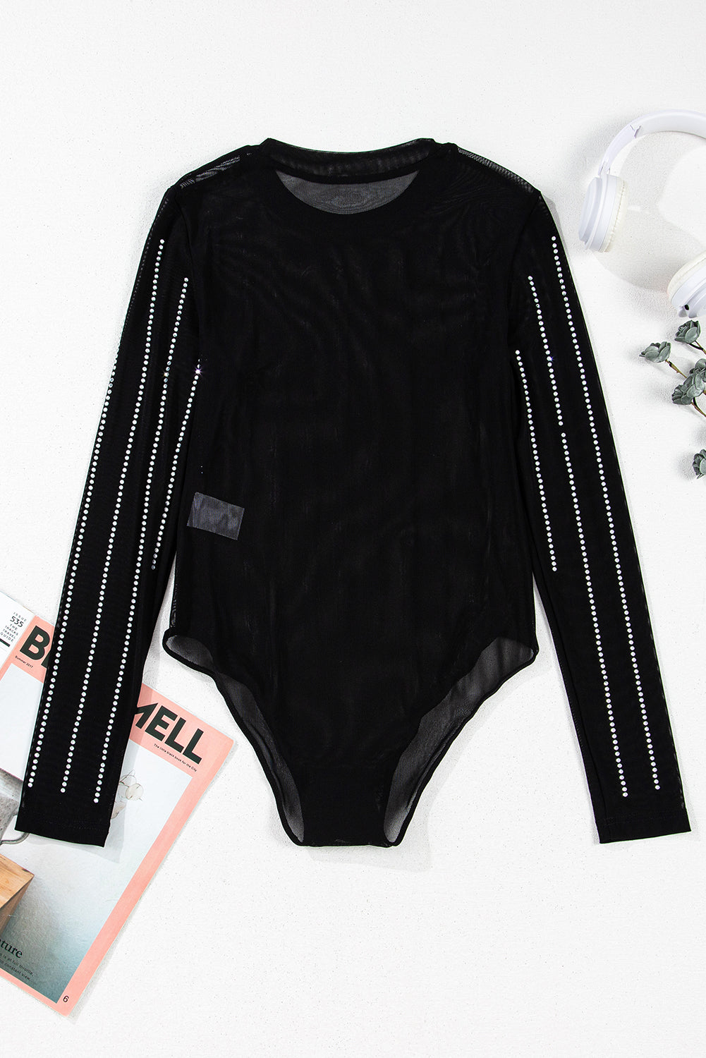 Black Rhinestone Striped Mesh Long Sleeve Bodysuit - Bodysuit