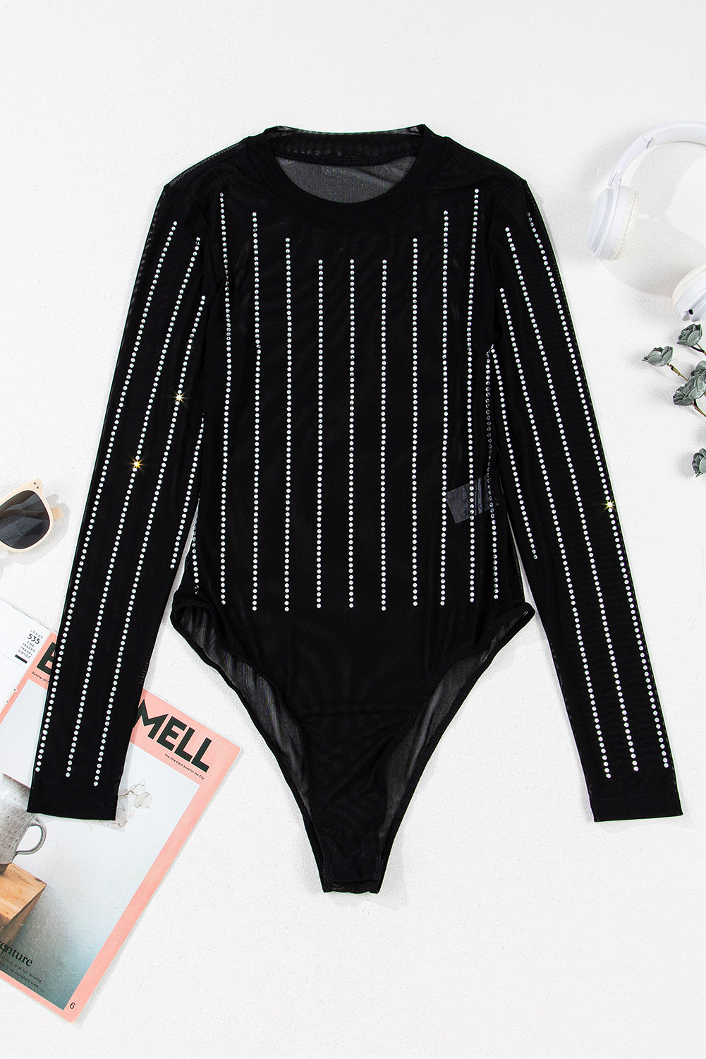 Black Rhinestone Striped Mesh Long Sleeve Bodysuit - Bodysuit