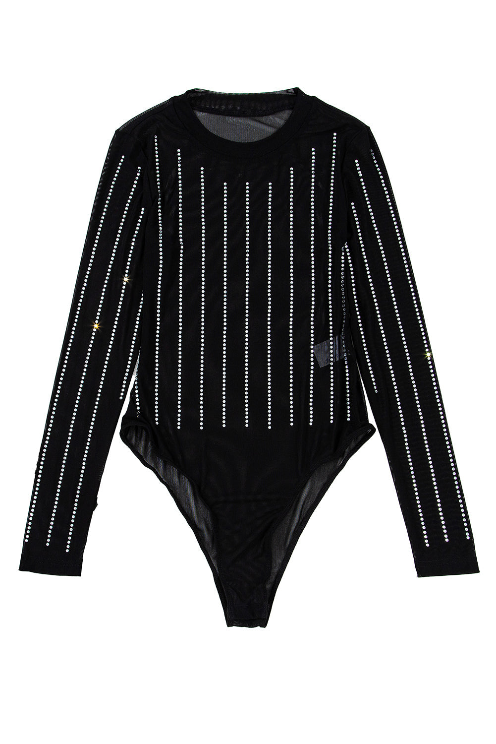 Black Rhinestone Striped Mesh Long Sleeve Bodysuit - Bodysuit