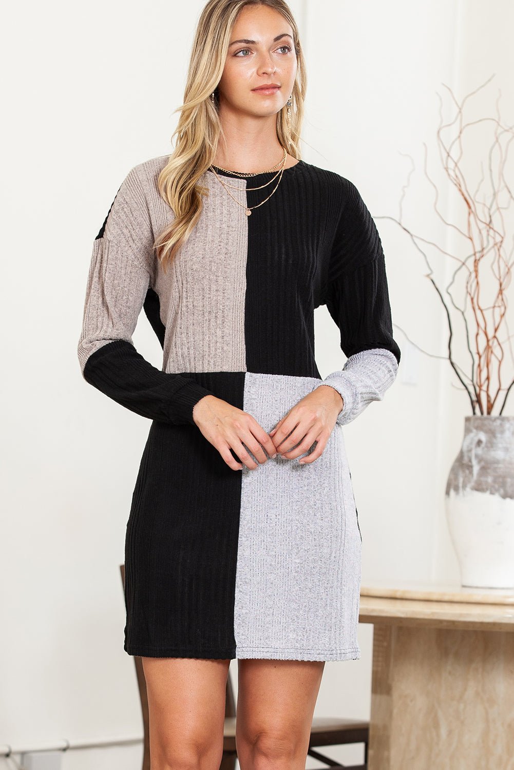 Black Ribbed Color Block Drop Shoulder Long Sleeve Mini Dress - MAD RUFFI