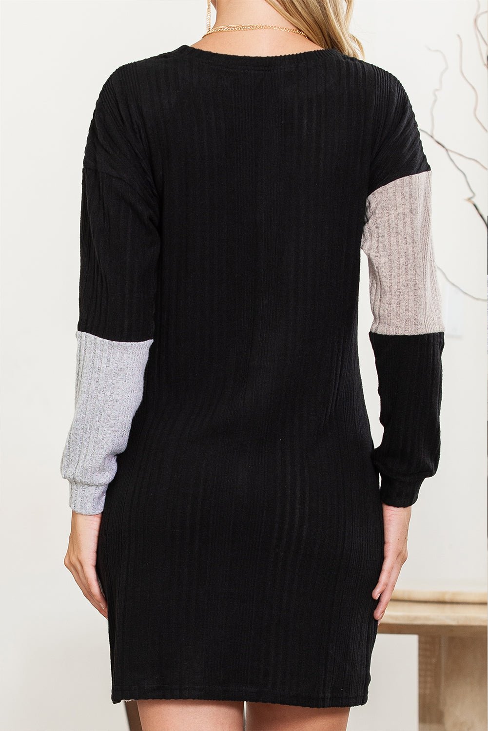 Black Ribbed Color Block Drop Shoulder Long Sleeve Mini Dress - MAD RUFFI