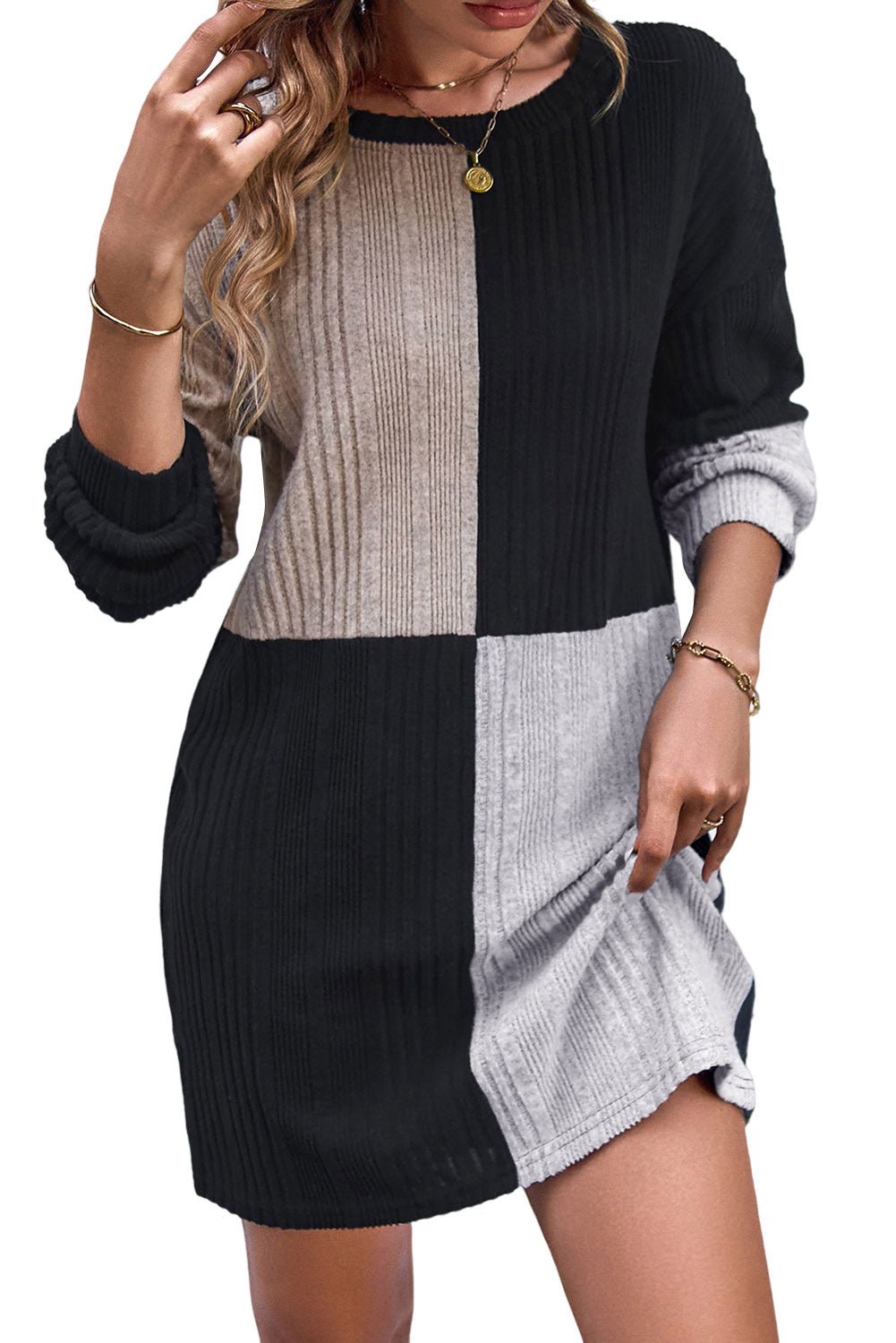 Black Ribbed Color Block Drop Shoulder Long Sleeve Mini Dress - MAD RUFFI