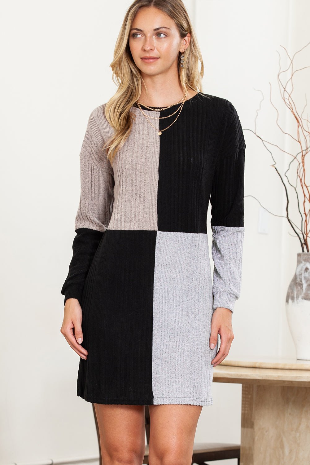 Black Ribbed Color Block Drop Shoulder Long Sleeve Mini Dress - MAD RUFFI