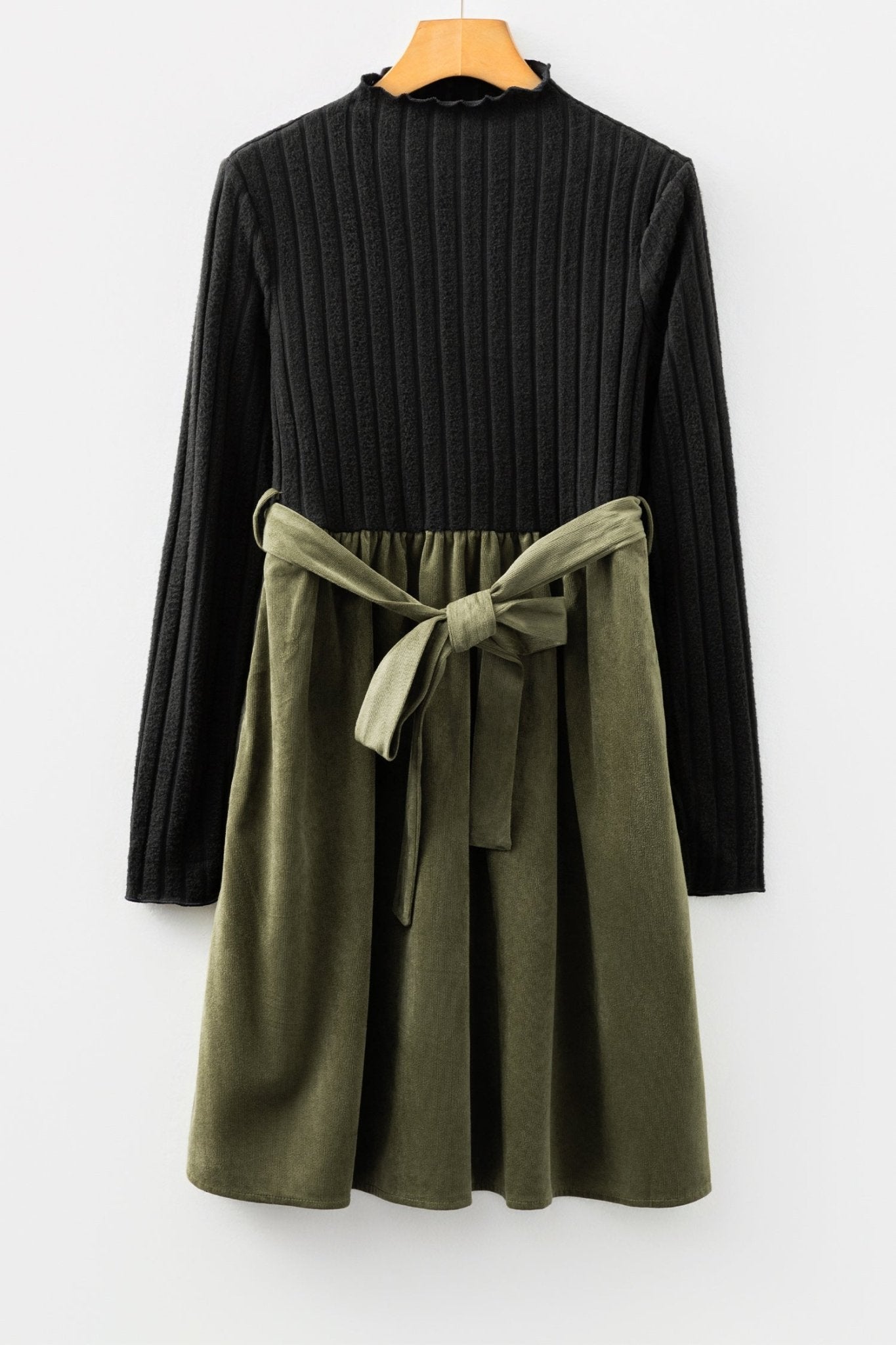 Black Ribbed Knit Slim Bodice Contrast Flared Skirt Patchwork Belted Dress - MAD RUFFI