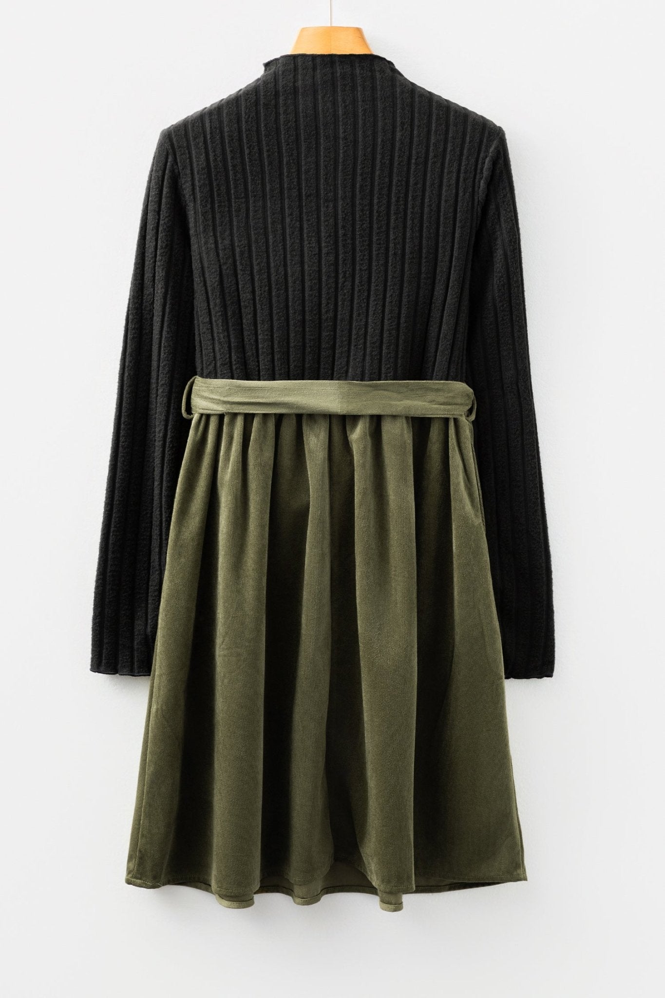 Black Ribbed Knit Slim Bodice Contrast Flared Skirt Patchwork Belted Dress - MAD RUFFI