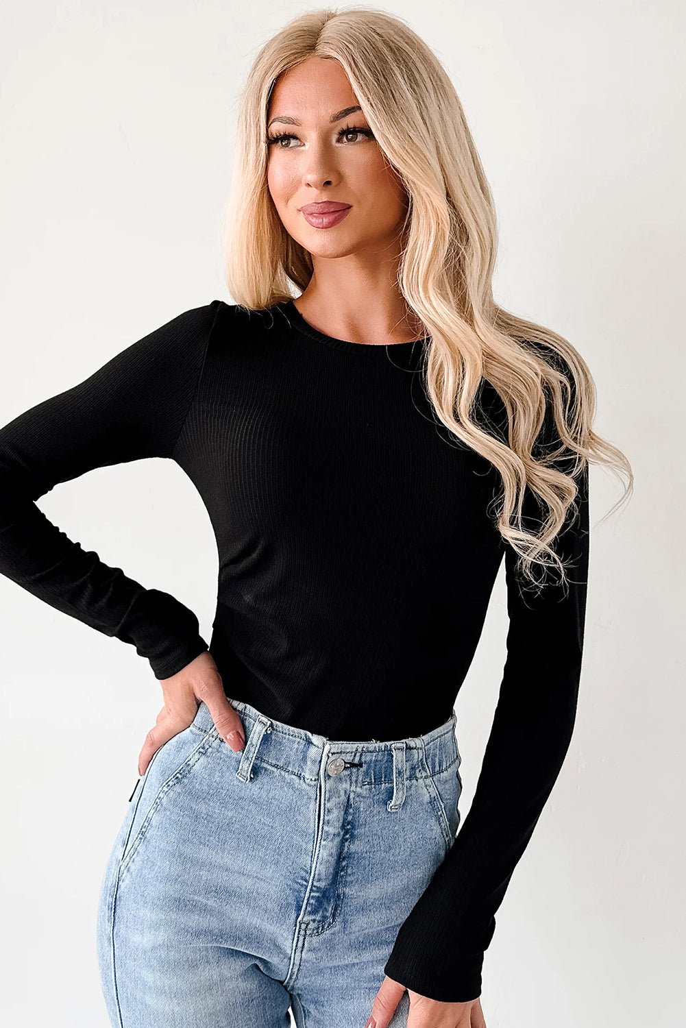 Black Ribbed Long Sleeve Crew Neck Solid Color Bodysuit - MAD RUFFI