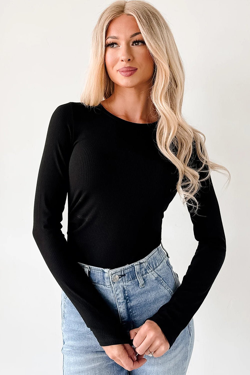 Black Ribbed Long Sleeve Crew Neck Solid Color Bodysuit - MAD RUFFI