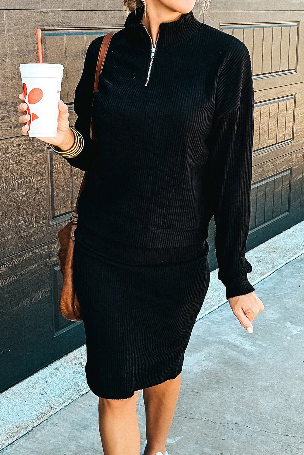 Black Ribbed Zip Neck Drop Shoulder Pullover Bodycon Skirt Set - MAD RUFFI