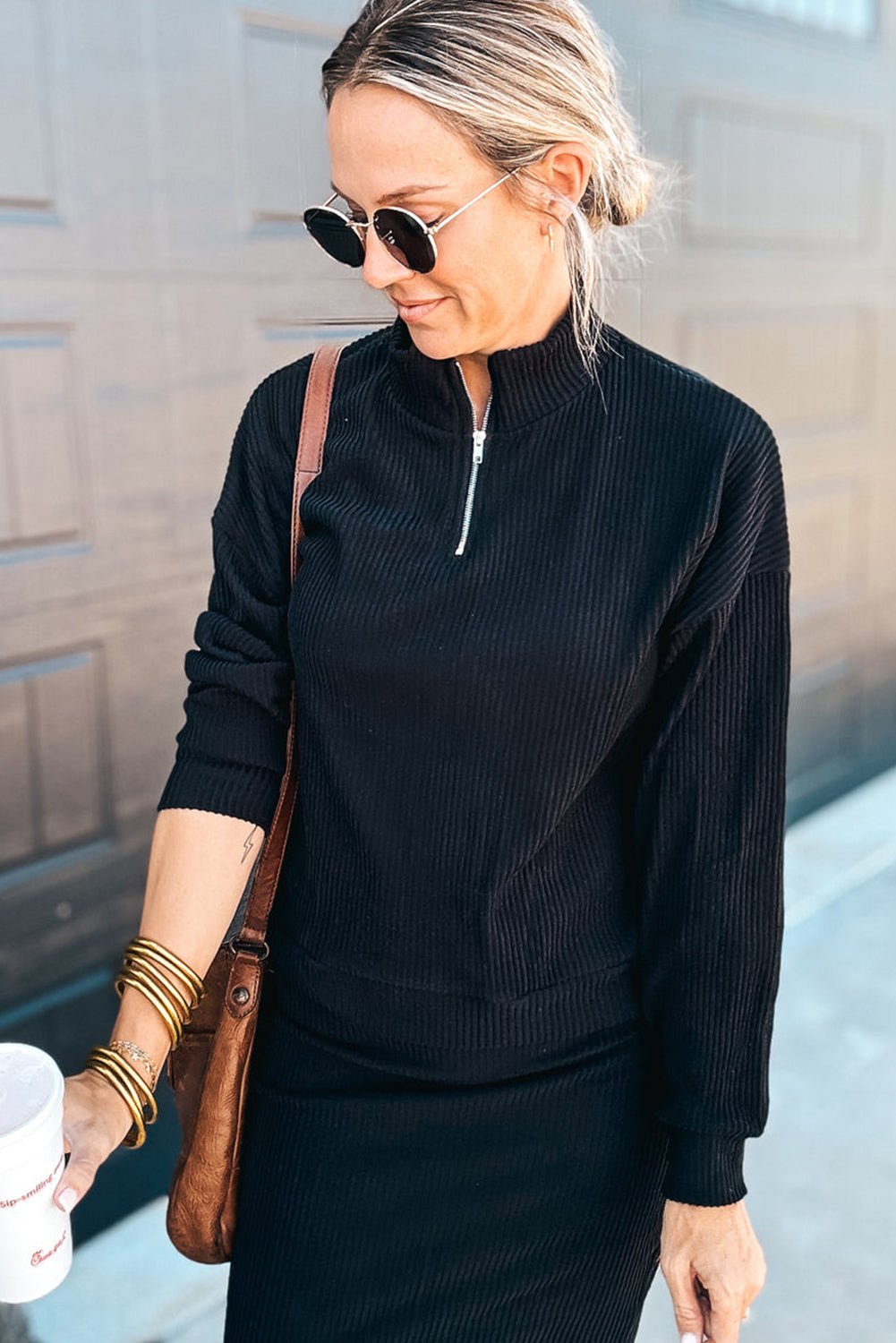 Black Ribbed Zip Neck Drop Shoulder Pullover Bodycon Skirt Set - MAD RUFFI