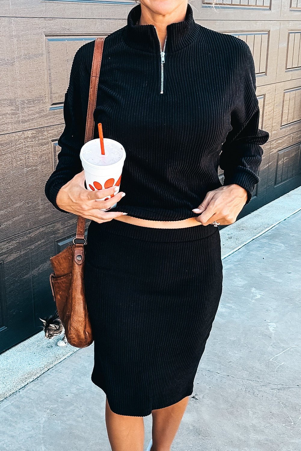 Black Ribbed Zip Neck Drop Shoulder Pullover Bodycon Skirt Set - MAD RUFFI