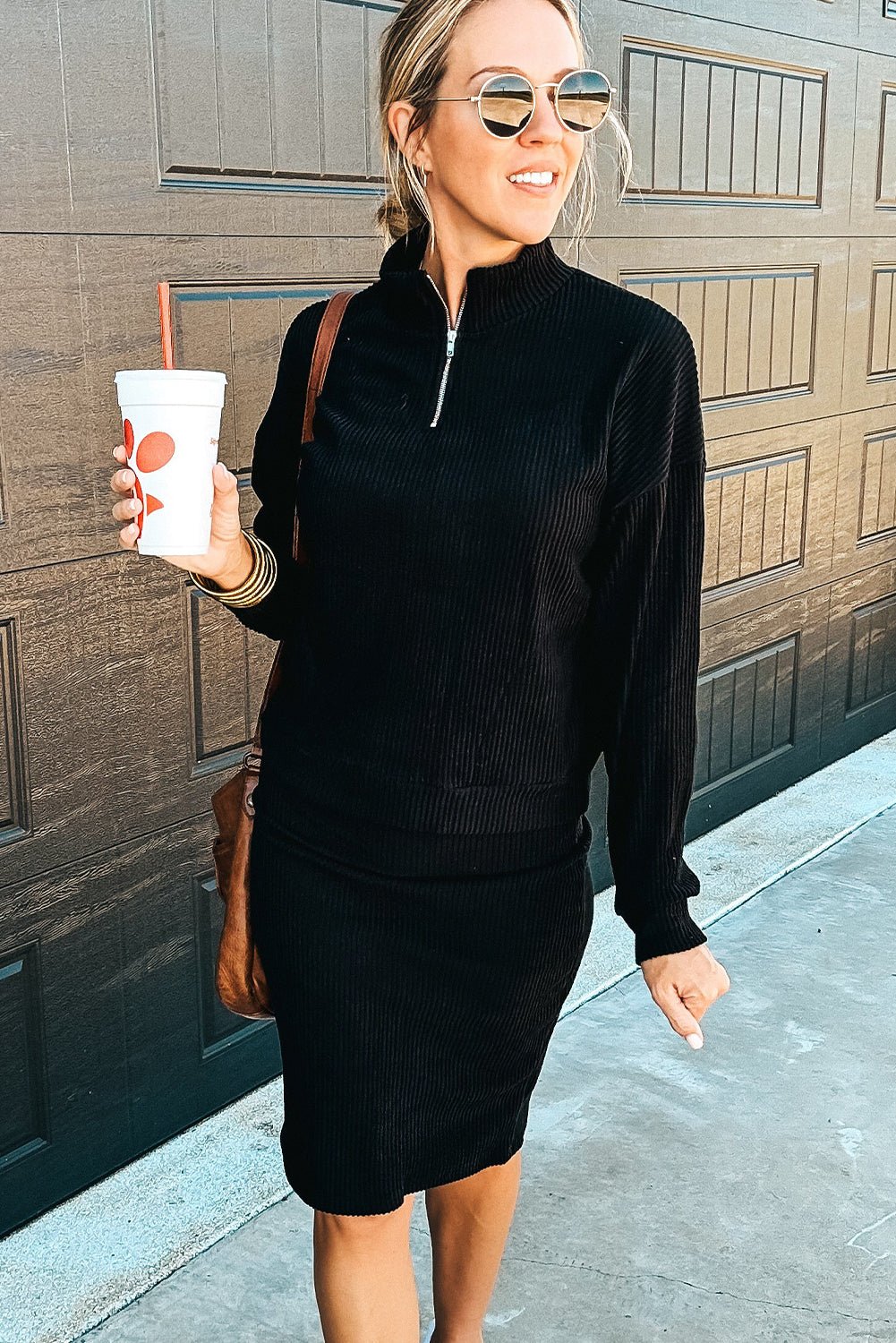 Black Ribbed Zip Neck Drop Shoulder Pullover Bodycon Skirt Set - MAD RUFFI