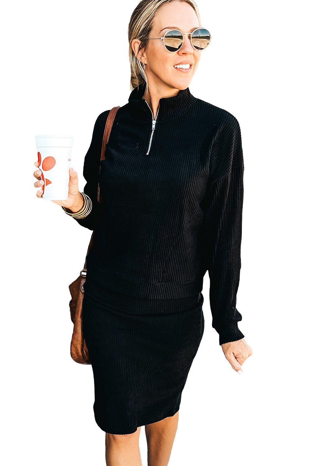 Black Ribbed Zip Neck Drop Shoulder Pullover Bodycon Skirt Set - MAD RUFFI