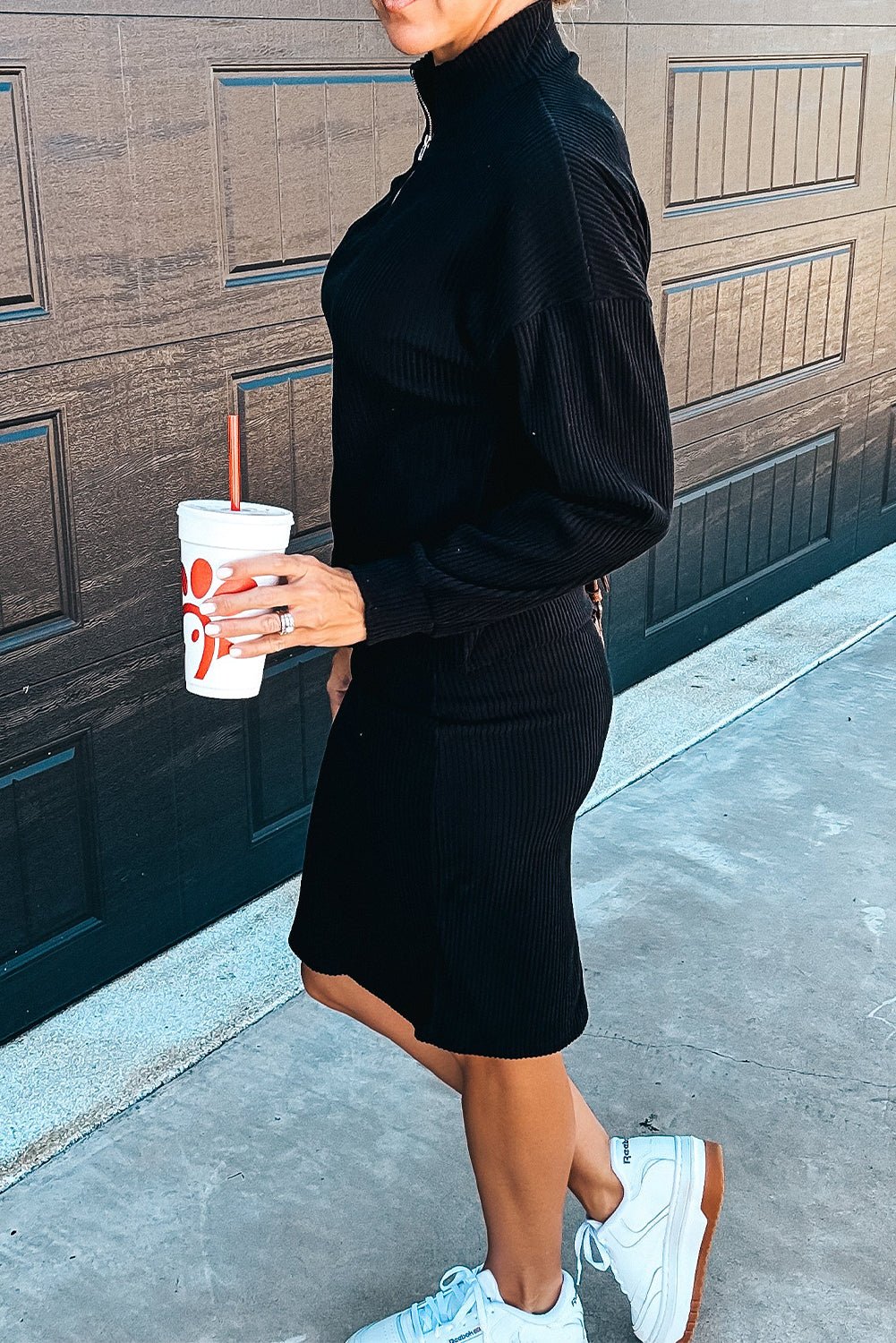 Black Ribbed Zip Neck Drop Shoulder Pullover Bodycon Skirt Set - MAD RUFFI