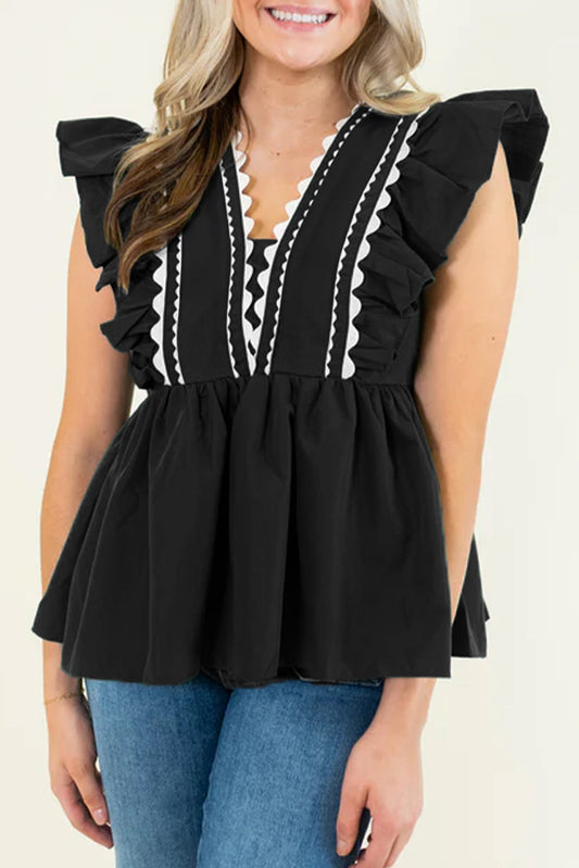 Black Ricrac V Neck Ruffle Sleeveless Blouse - MAD RUFFI