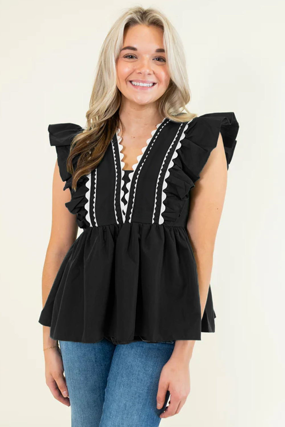 Black Ricrac V Neck Ruffle Sleeveless Blouse - MAD RUFFI