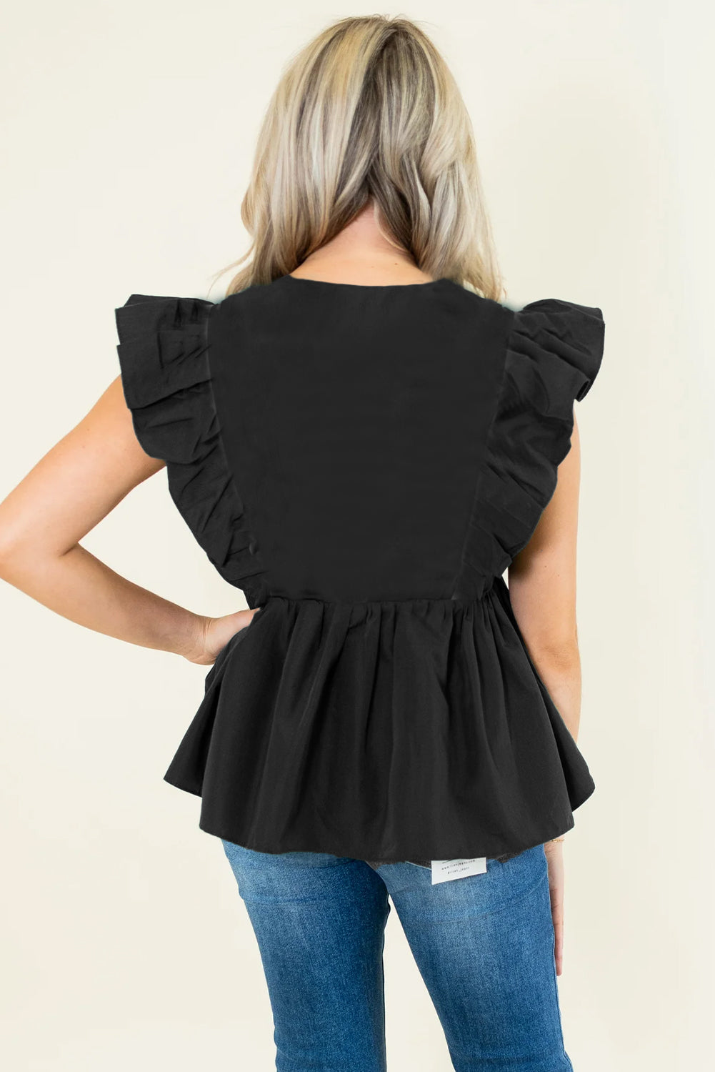 Black Ricrac V Neck Ruffle Sleeveless Blouse - MAD RUFFI