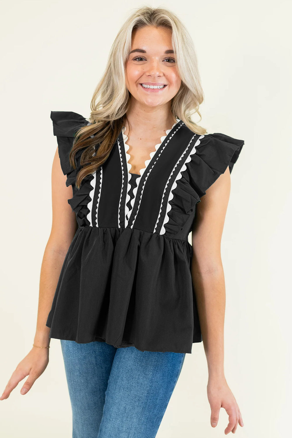 Black Ricrac V Neck Ruffle Sleeveless Blouse - MAD RUFFI