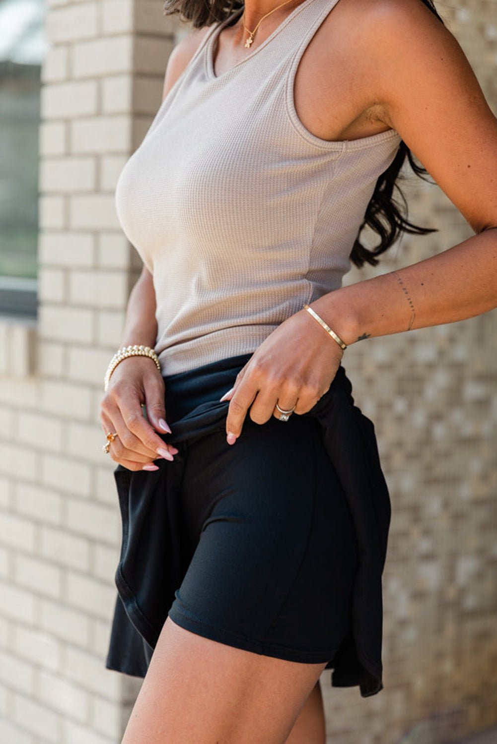 Black Ruched Wide Waistband Plain Skort - MAD RUFFI