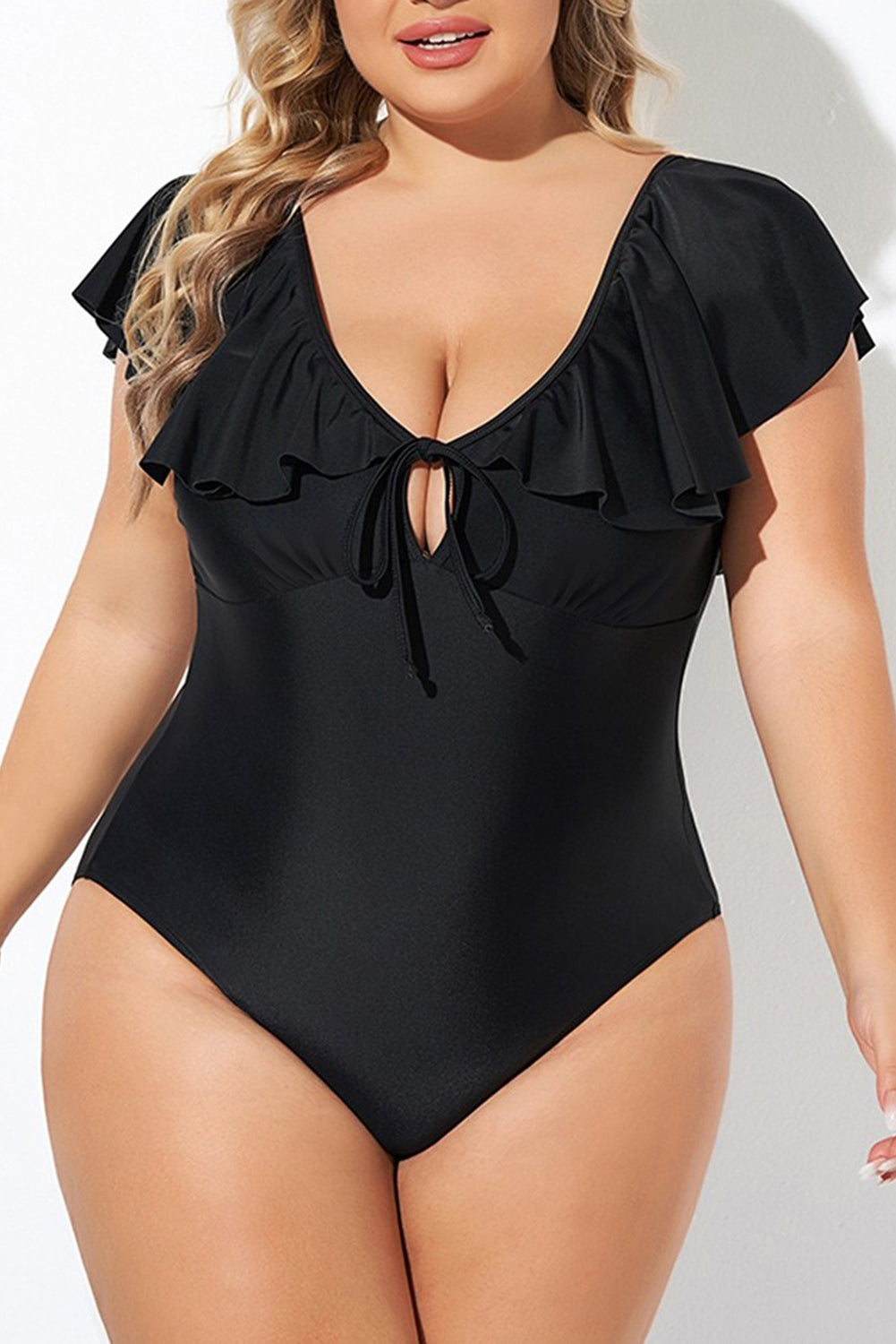 Black Ruffle Sleeve Lace-up V Neck Plus Size One Piece Swimsuit - Black / 1X - Curve + Plus