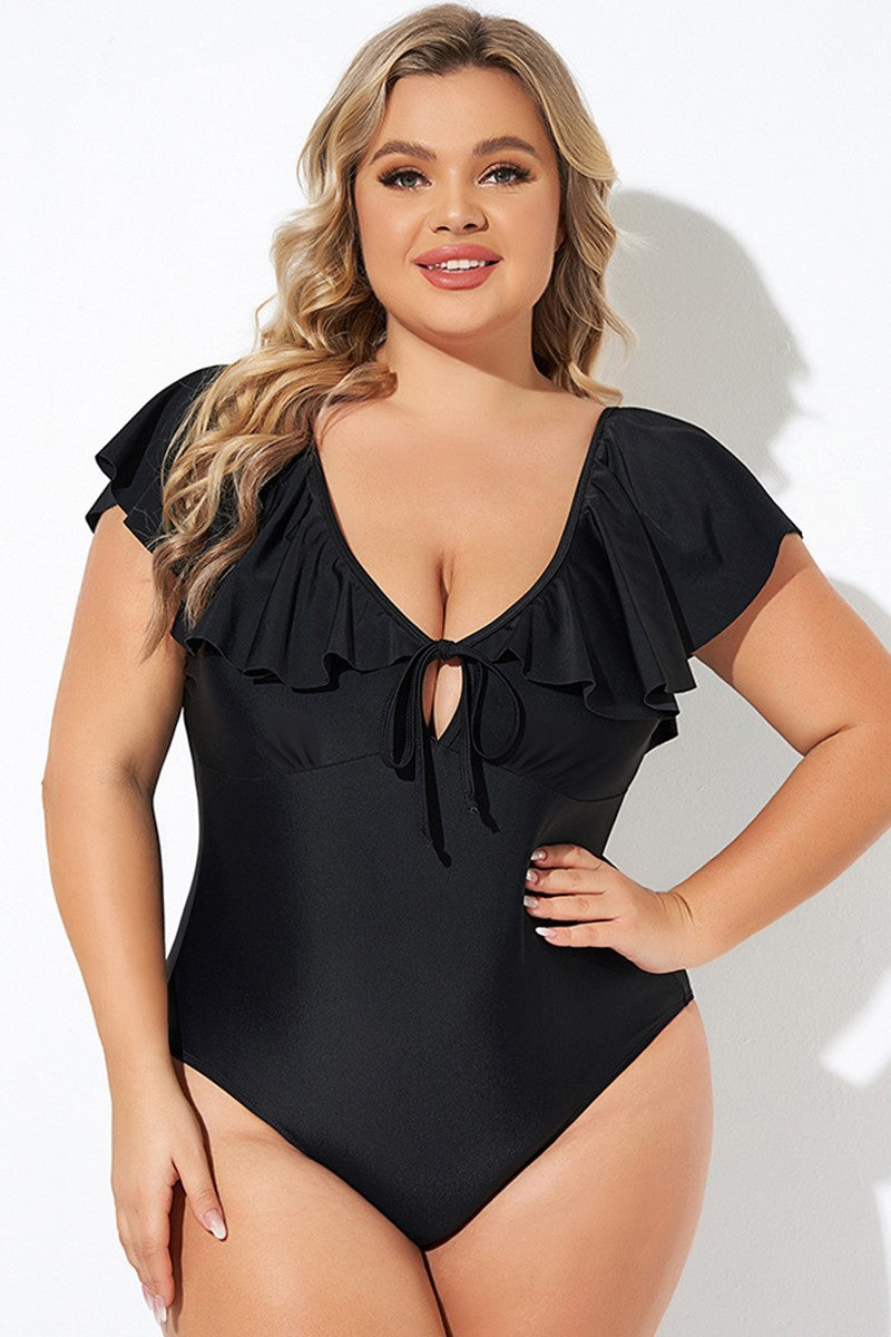 Black Ruffle Sleeve Lace-up V Neck Plus Size One Piece Swimsuit - Curve + Plus