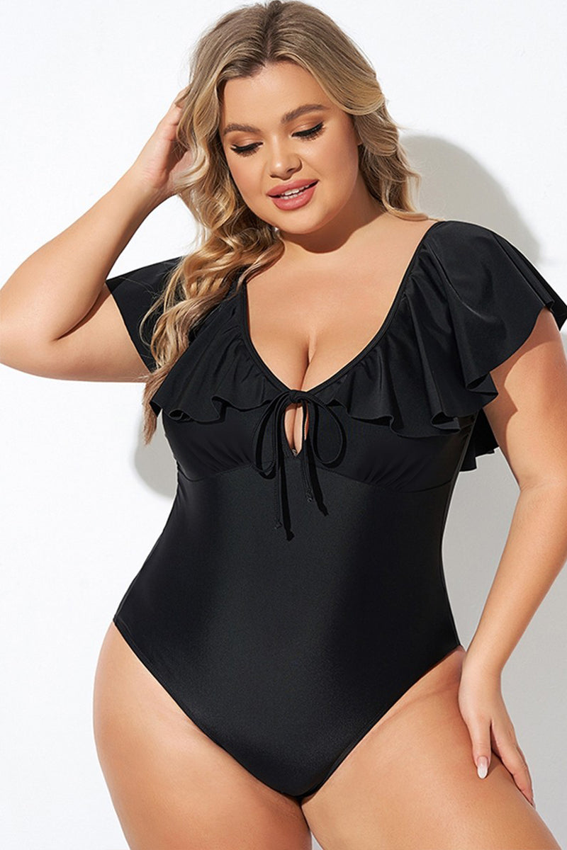 Black Ruffle Sleeve Lace-up V Neck Plus Size One Piece Swimsuit - Curve + Plus