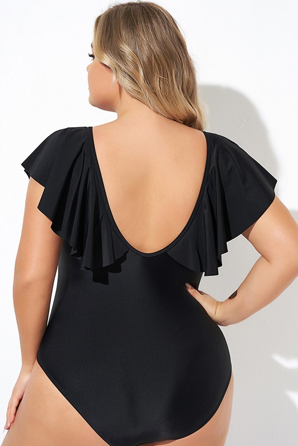 Black Ruffle Sleeve Lace-up V Neck Plus Size One Piece Swimsuit - Curve + Plus