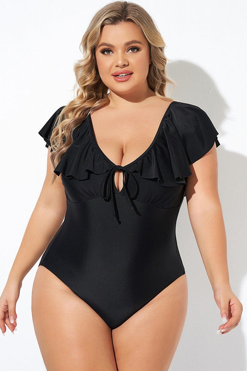 Black Ruffle Sleeve Lace-up V Neck Plus Size One Piece Swimsuit - Curve + Plus