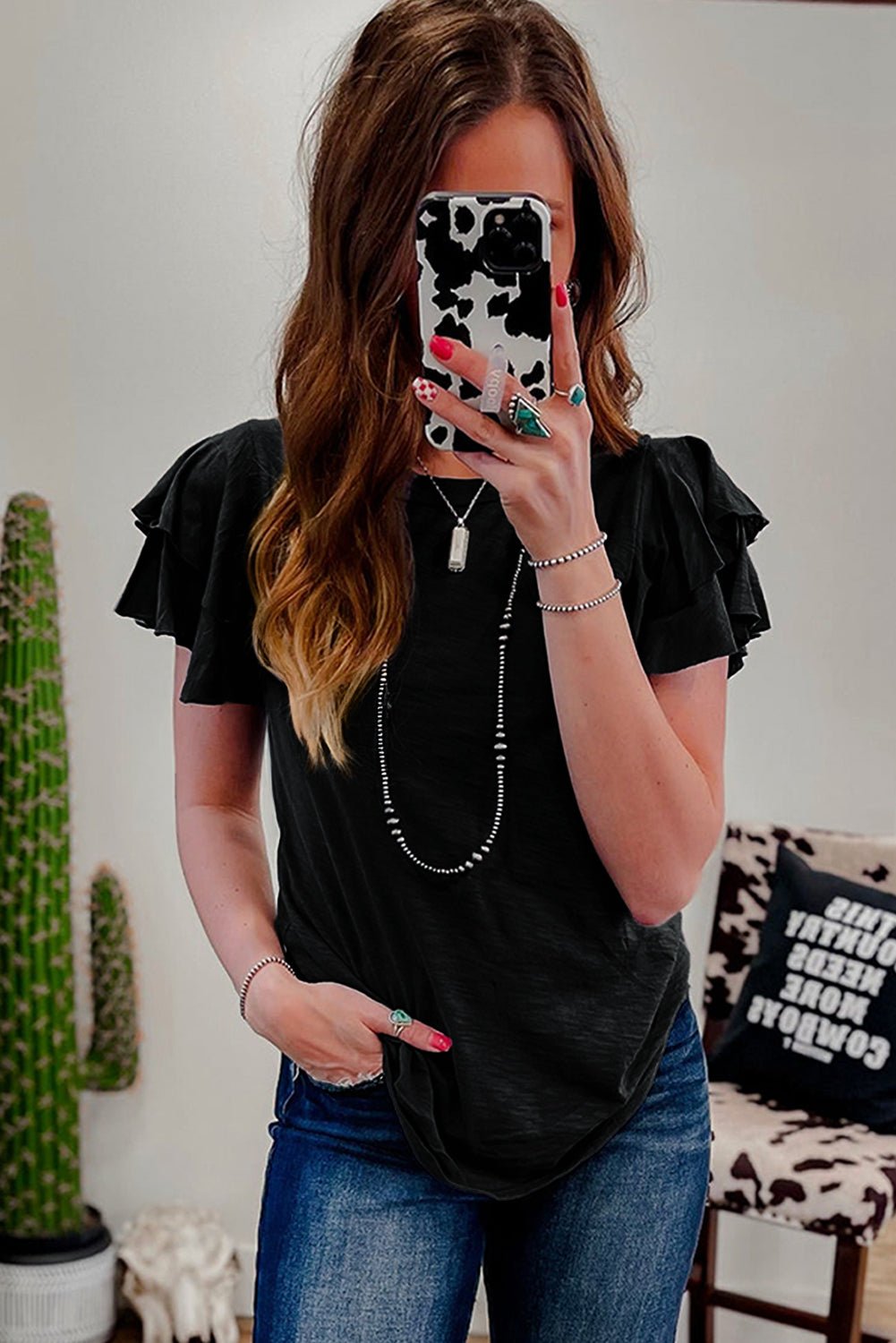 Black Ruffle Sleeve Plain Blouse - MAD RUFFI