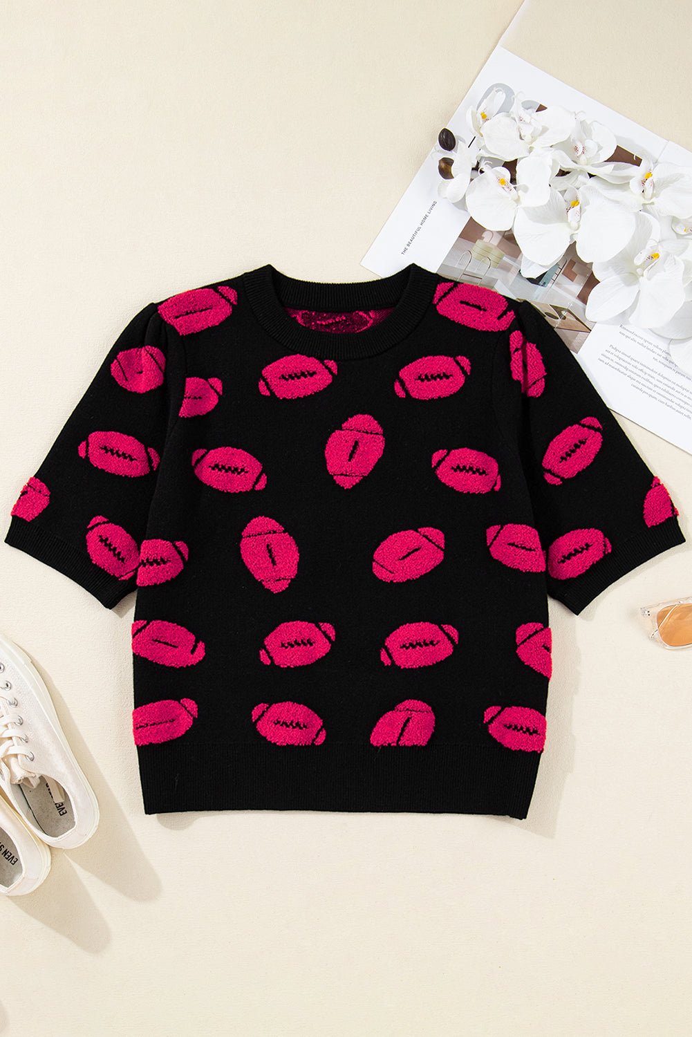 Black Rugby Print Casual Knit Short Sleeve Sweater - MAD RUFFI