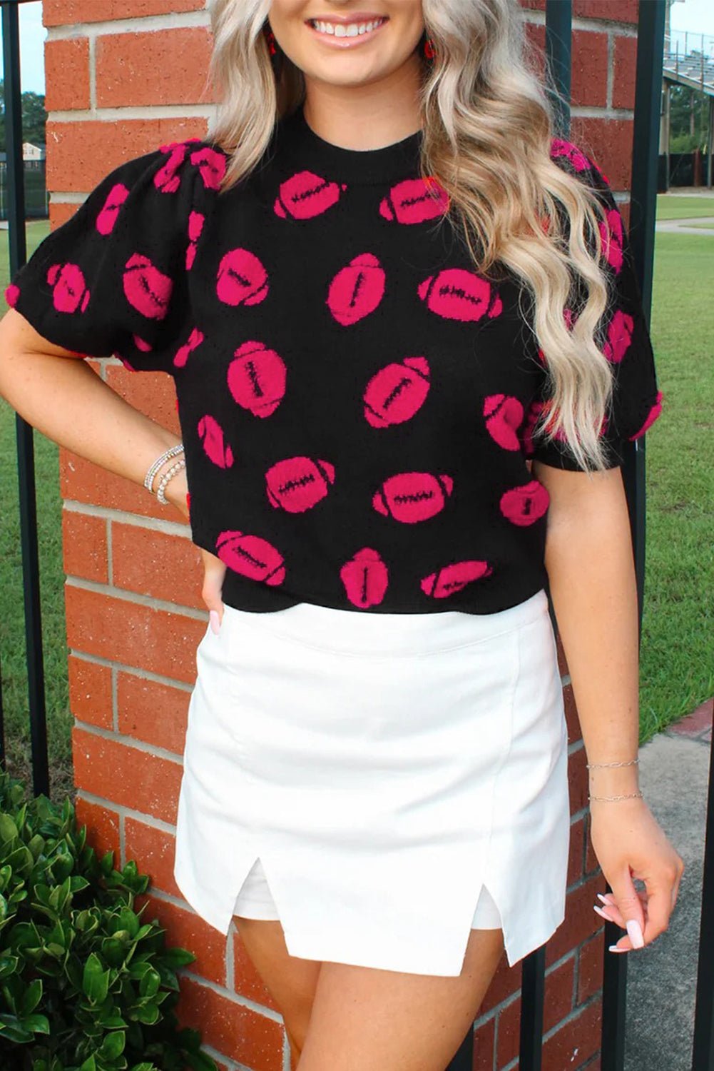 Black Rugby Print Casual Knit Short Sleeve Sweater - MAD RUFFI