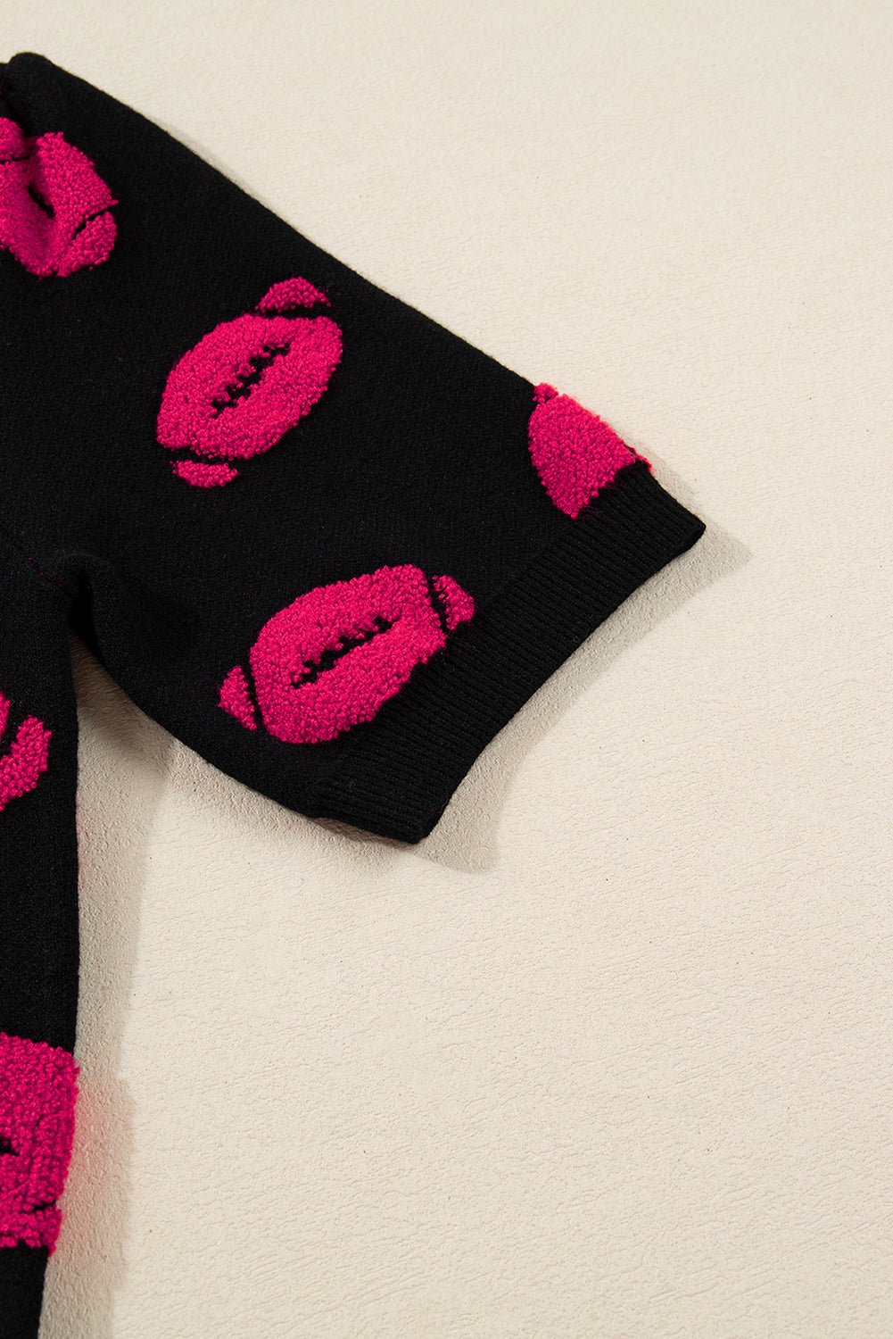 Black Rugby Print Casual Knit Short Sleeve Sweater - MAD RUFFI