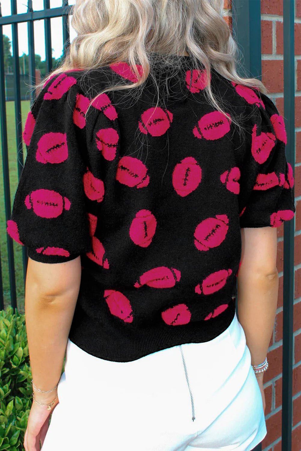 Black Rugby Print Casual Knit Short Sleeve Sweater - MAD RUFFI