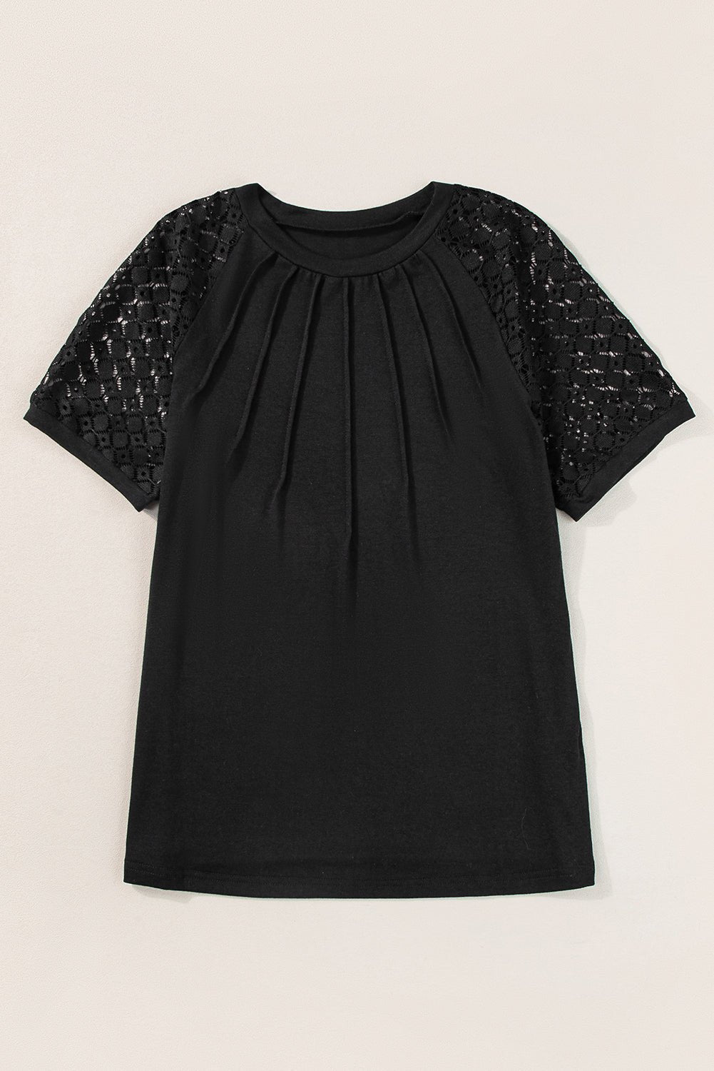 Black Seamed Detail Contrast Lace Raglan Sleeve Tee - MAD RUFFI