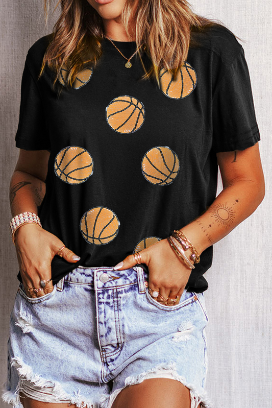 Black Sequin Basketball Graphic Crewneck Game Day T Shirt - MAD RUFFI