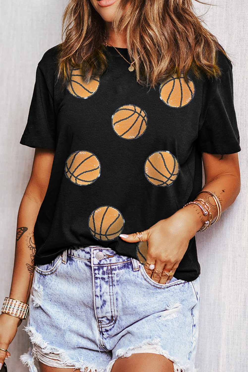 Black Sequin Basketball Graphic Crewneck Game Day T Shirt - MAD RUFFI