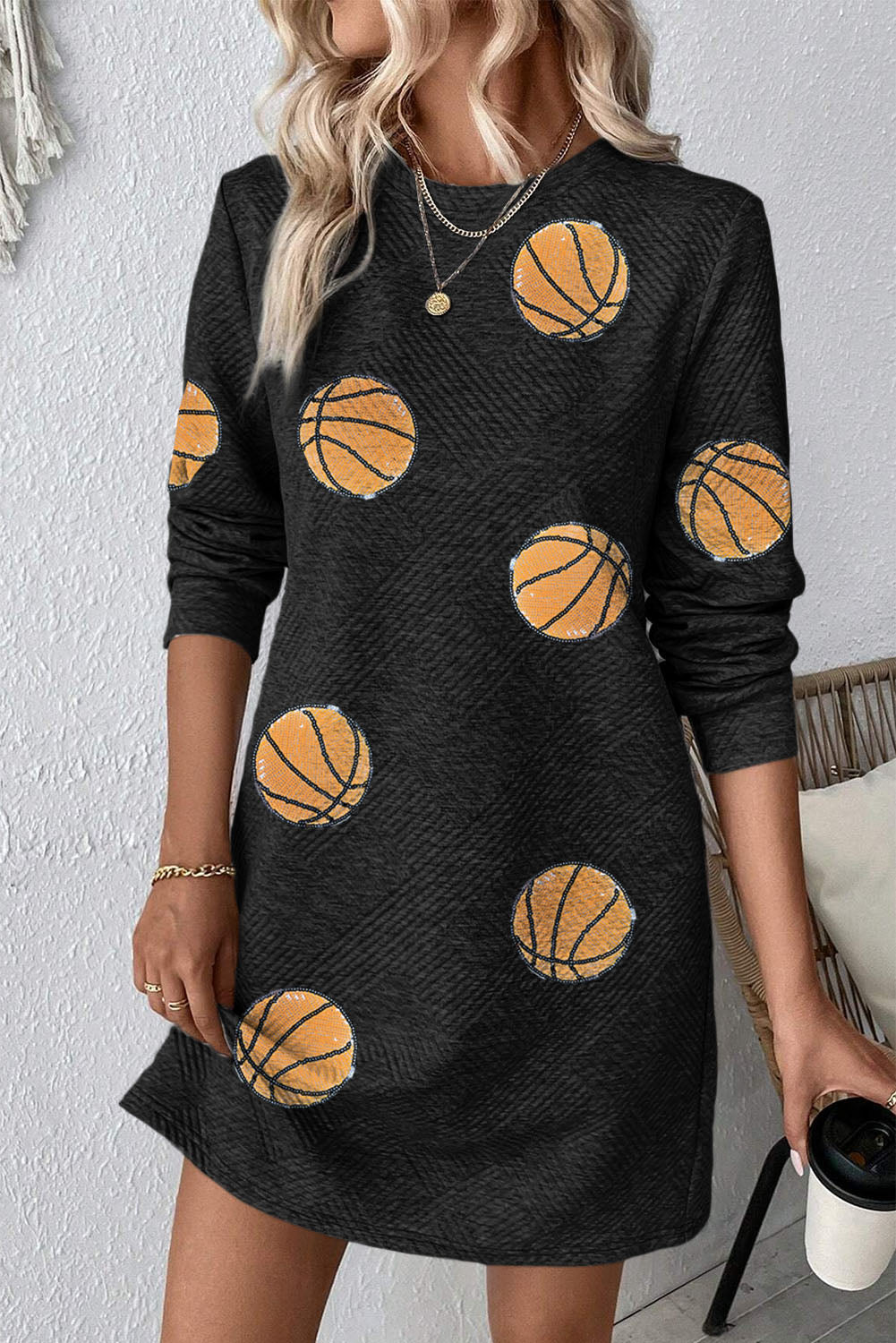 Black Sequin Basketball Patched Textured Crewneck Shift Mini Dress - MAD RUFFI