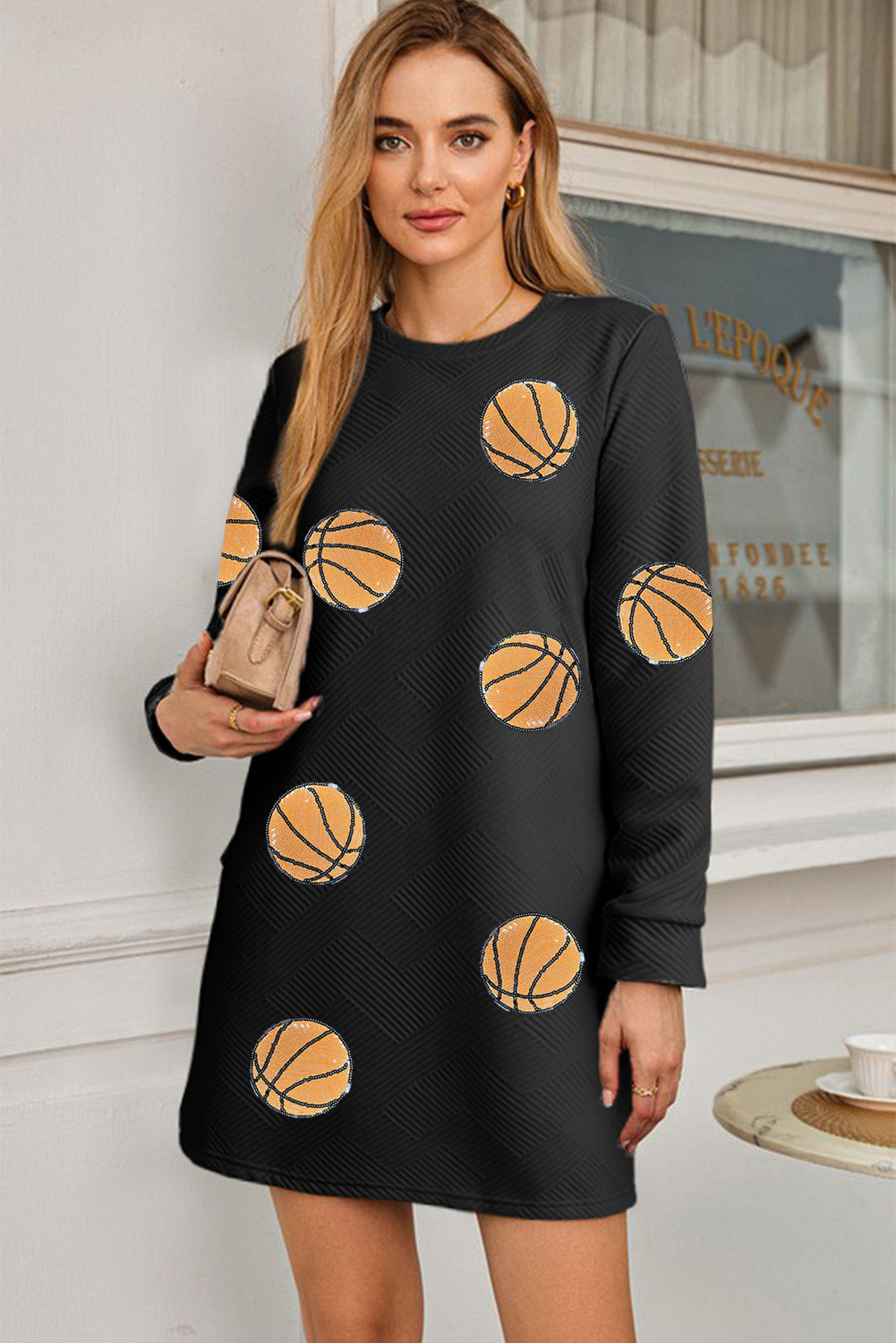 Black Sequin Basketball Patched Textured Crewneck Shift Mini Dress - MAD RUFFI