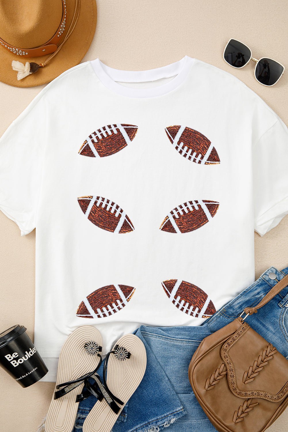 Black Sequin Football Patched Crewneck Loose T Shirt - MAD RUFFI