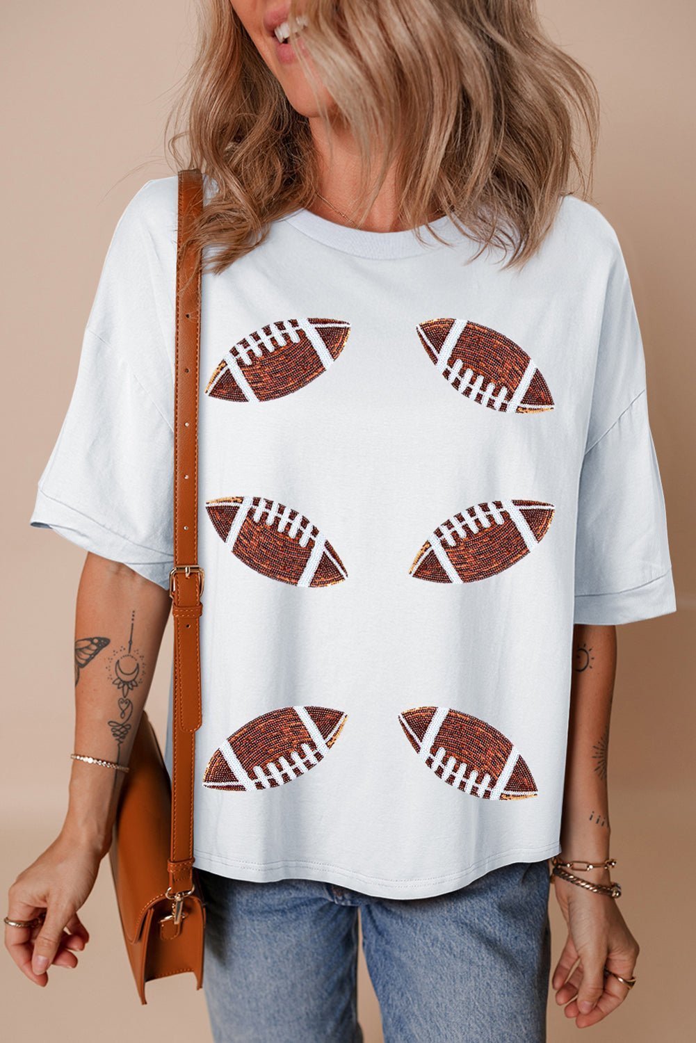 Black Sequin Football Patched Crewneck Loose T Shirt - MAD RUFFI