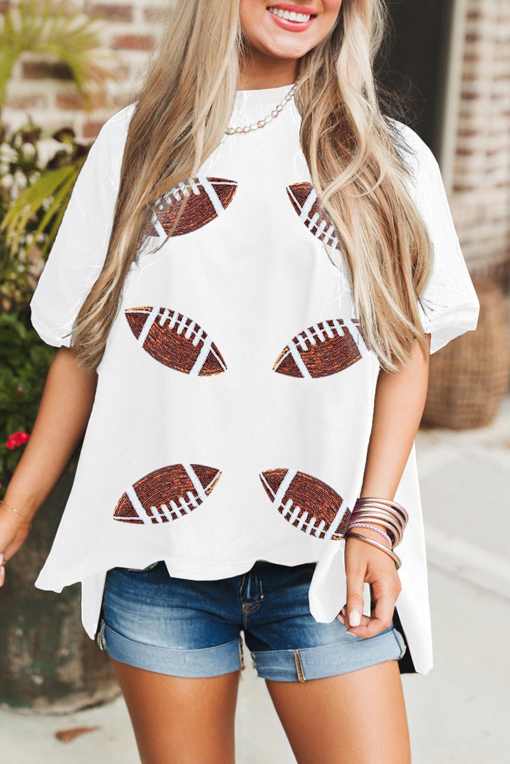 Black Sequin Football Patched Crewneck Loose T Shirt - MAD RUFFI