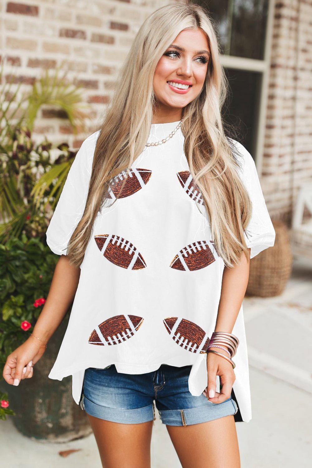 Black Sequin Football Patched Crewneck Loose T Shirt - MAD RUFFI