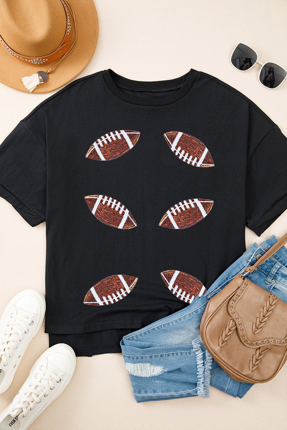 Black Sequin Football Patched Crewneck Loose T Shirt - MAD RUFFI