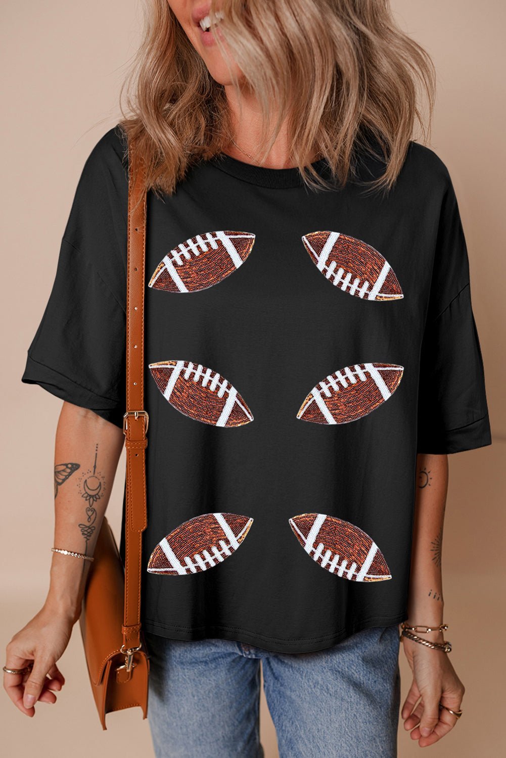 Black Sequin Football Patched Crewneck Loose T Shirt - MAD RUFFI