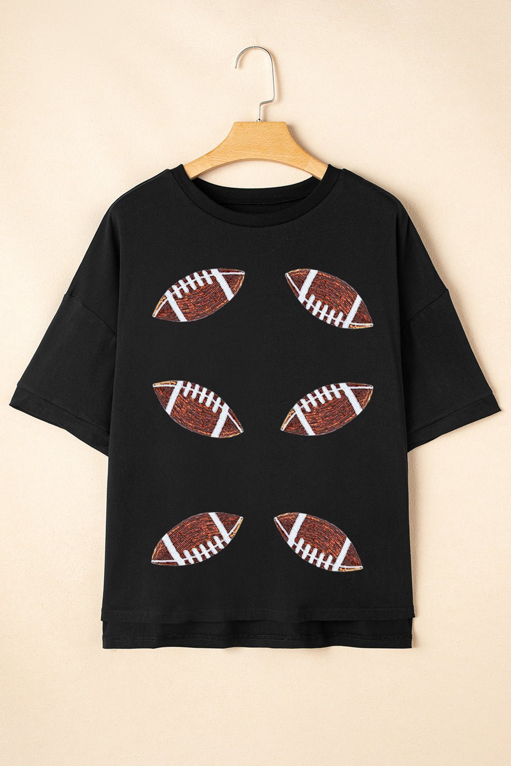 Black Sequin Football Patched Crewneck Loose T Shirt - MAD RUFFI